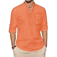 J.VER Men's Linen Roll Up Long Sleeve Shirt Cotton Casual Beach Shirts Henley T-Shirt Band Collar Vacation Tops with Pocket