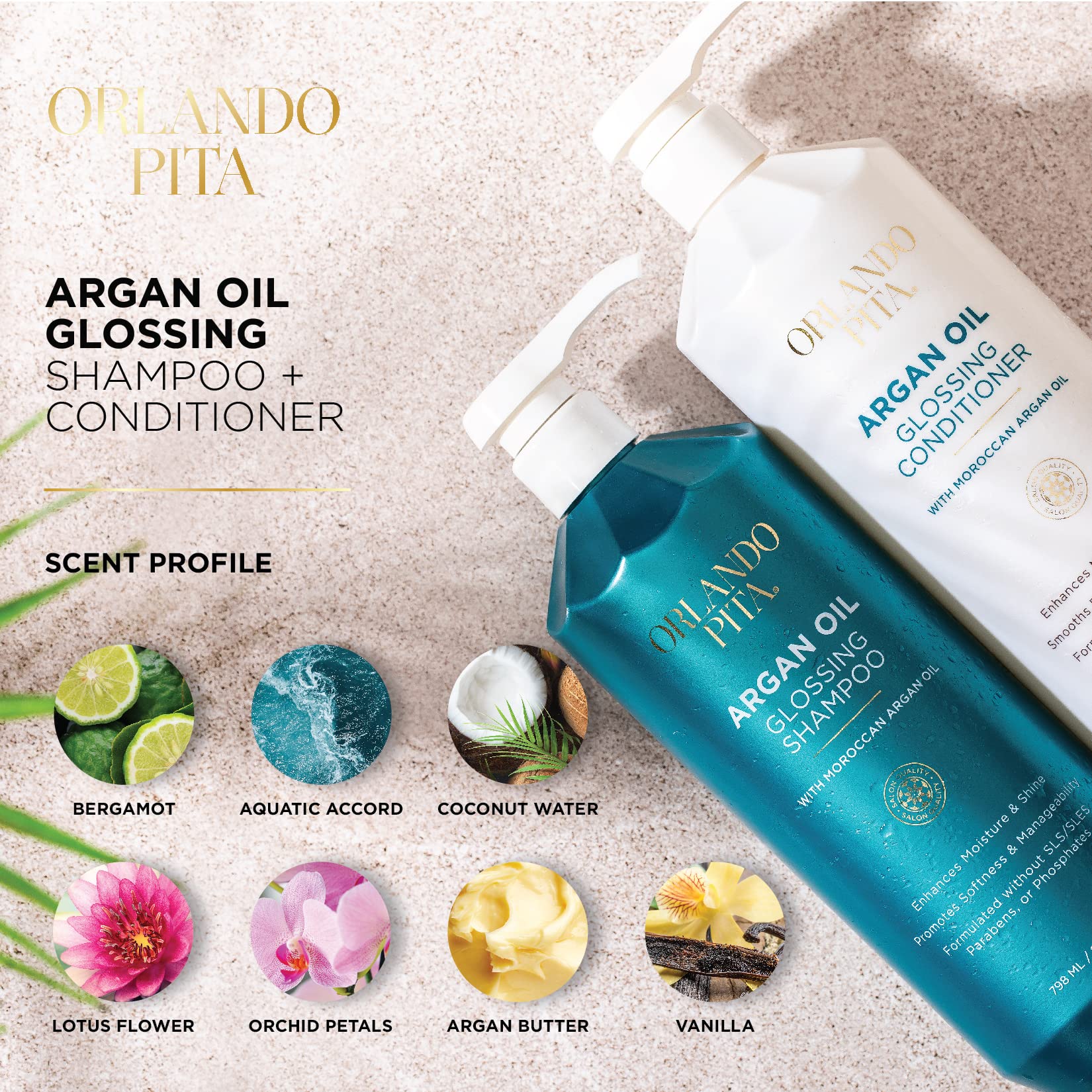 ORLANDO PITA Moroccan Argan Oil Glossing Shampoo & Conditioner Set, Moisturizing, Softening, & Shine-Enhancing for Smoother, More Manageable, & Overall Healthier Hair, 27 Fl Oz Each