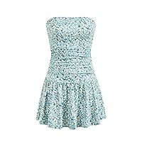 Milumia Women's Ditsy Floral Ruffle Tube Dress Strapless Ruched Bandeau Mini Dresses