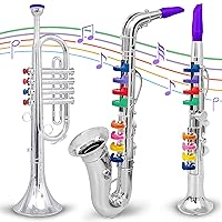 Set of 3 Kids Musical Instruments Toy Clarinet, Toy Saxophone and Toy Trumpet, 3 Wind and Brass Musical Instruments Combo with Over 10 Color Keys Coded Teaching Songs for Toddlers
