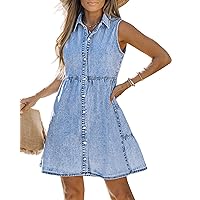LookbookStore Denim Dress for Women Sleeveless Babydoll Button Down Short Jean Dresses Cute Summer