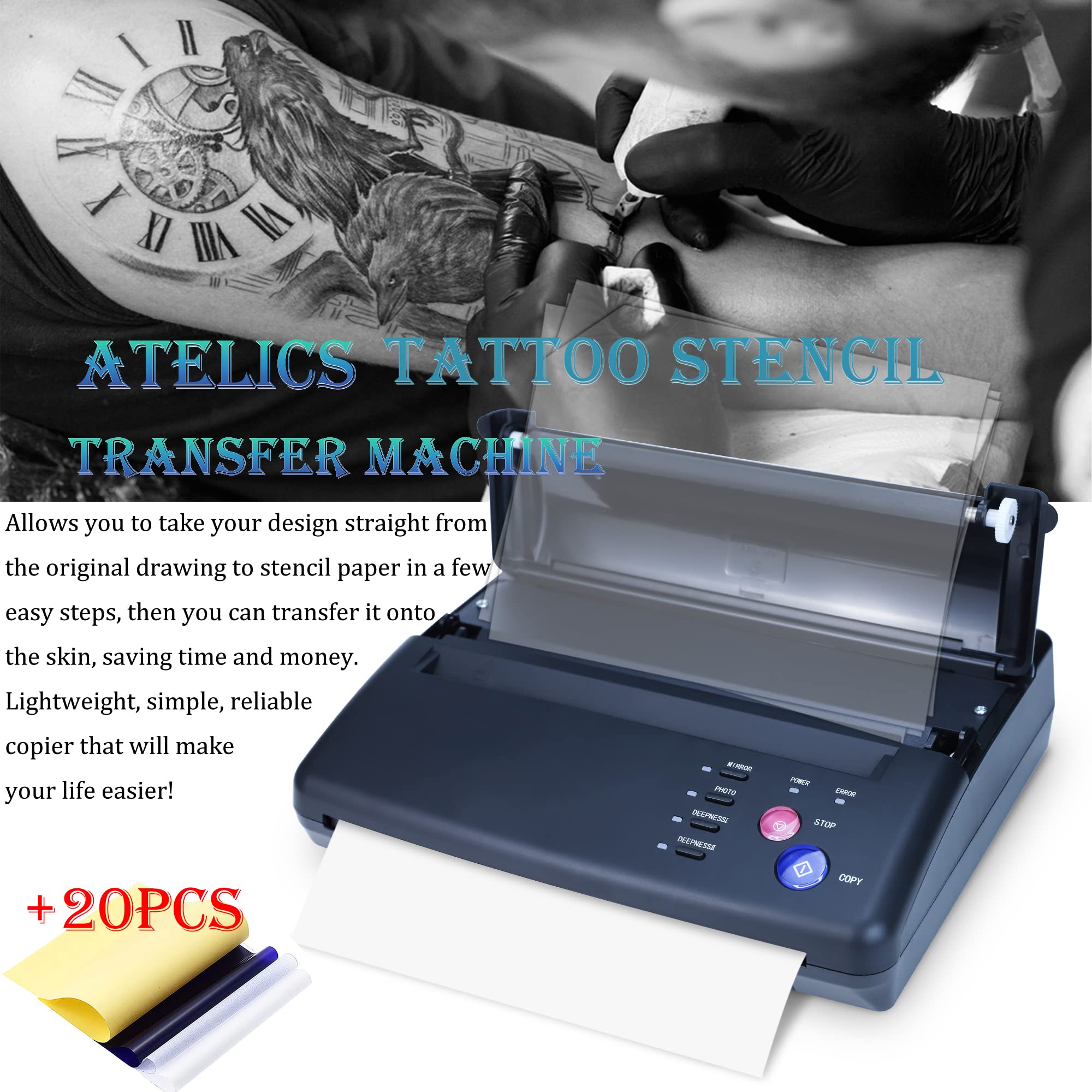 Atelics Tattoo Transfer Stencil Machine Thermal Copier Printer, with 20 Pcs Transfer Paper, Tattoo Stencil Printer Tattoo for Temporary and Permanent Tattoos, Black Update Version