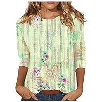 3/4 Length Sleeve Womens Tops Dressy Casual Crew Neck Blouses 2023 Floral Printed Cute T Shirt for Women