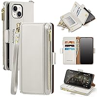 Antsturdy iPhone 14 Plus Wallet case with Card Holder for Women Men,【RFID Blocking】 iPhone 14 Plus Phone case PU Leather Flip Folio Shockproof Cover with Strap Zipper Credit Card Slots,(Beige)