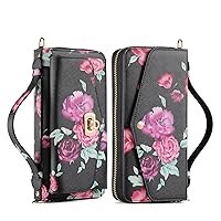 Multifunction Wallet Case for iPhone 11 Pro,Large Capacity Floral Pattern Leather Zipper Clutch Bag Case Black