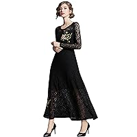 Women's Long Sleeve Lace Embroidered Floral Cocktail Evening Party Maxi Dress