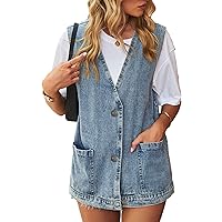 Denim Jean Vest for Women Oversized Sleeveless Mid Long Button Down Denim Waistcoat