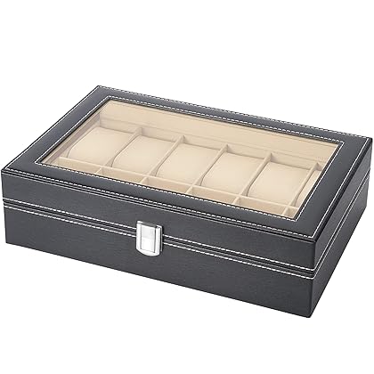 READAEER 12 Slot PU Leather Watch Box Display Case Jewelry Organizer with Glass Top