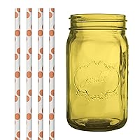 Dress My Cupcake Amber Yellow Vintage Jardin Mason Jar with Orange Polka Dot Straws, 32-Ounce
