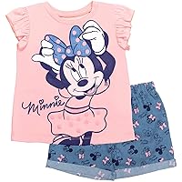 Disney Minnie Mouse Rainbow Floral July 4th T-Shirt and Twill Shorts Outfit Set Infant to Big Kid Sizes (12 Months - 14-16)