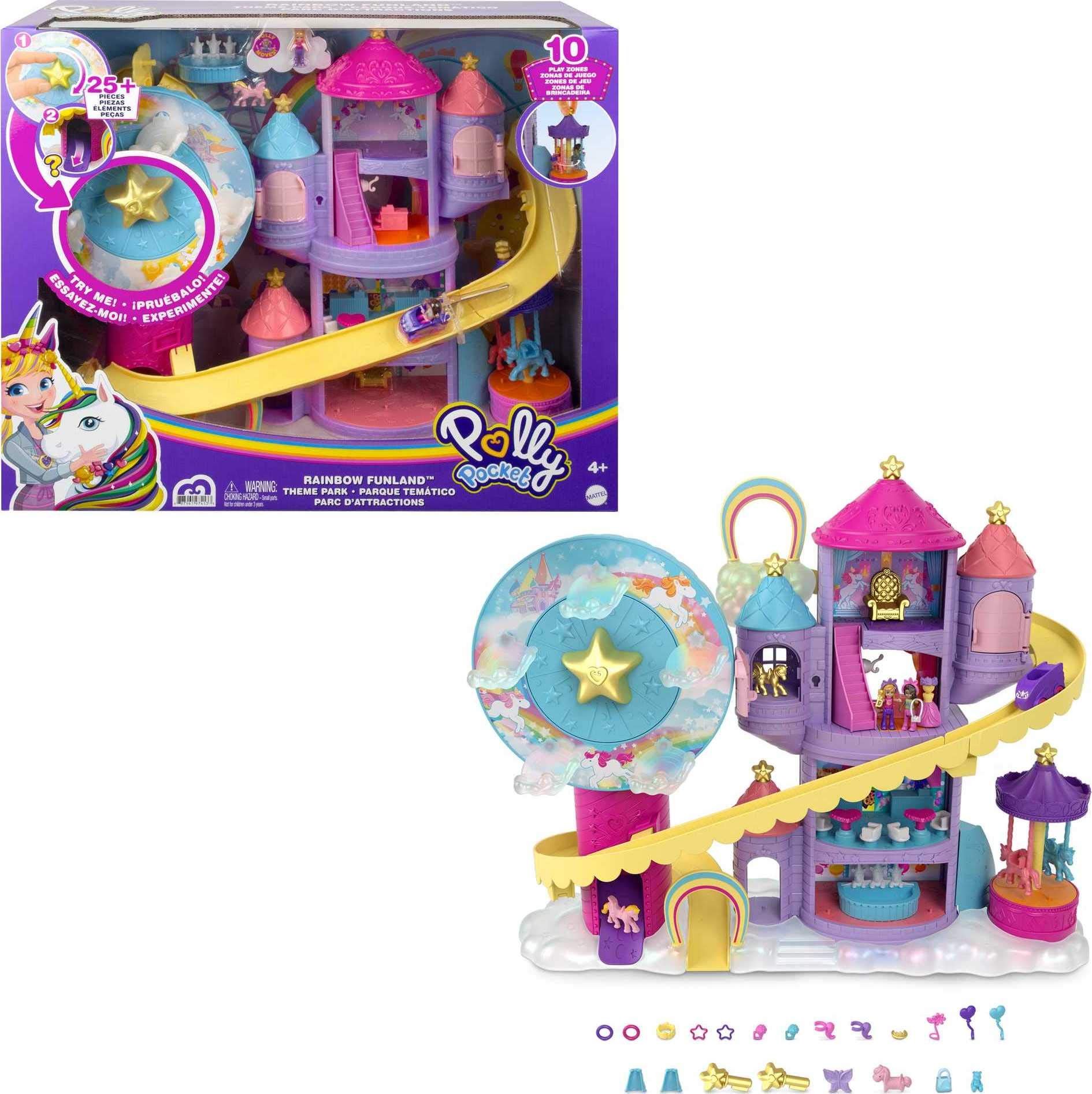 Polly Pocket Rainbow Funland Theme Park, 3 Rides, 7 Play Areas, Polly and Shani Dolls, 2 Unicorns & 25 Surprise Accessories (30 Total Play Pieces), Great Gift for Ages 4 Years Old & Up
