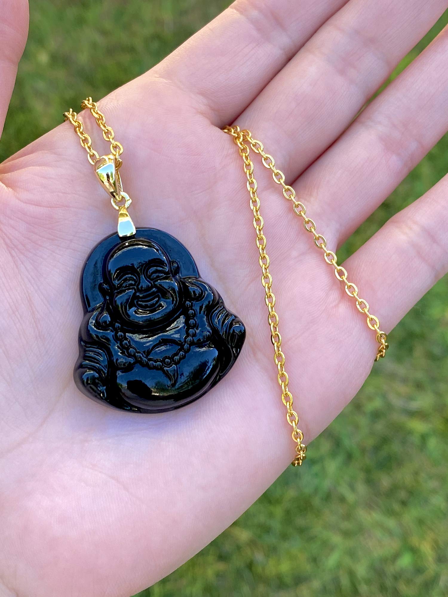 Shop-iGold Happy Laughing Buddha Black Jade Pendant Necklace Open Rolo Box Chain Genuine Certified Grade A Jadeite Jade Hand Crafted