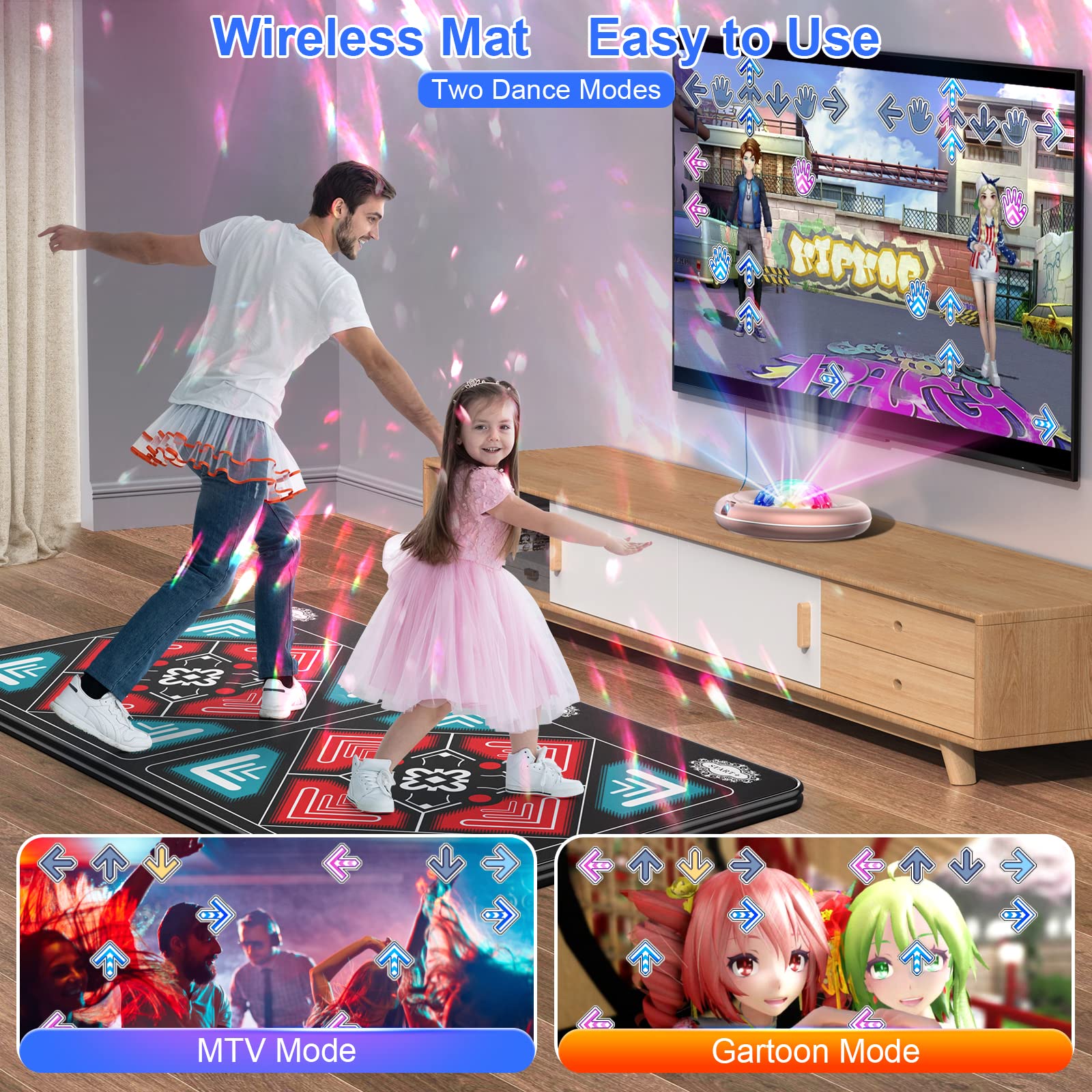 HAPHOM Dance Mat for Kids and Adults, Anti-Slip Wireless Musical Electronic Pad for TV & Projector, Anti-Fatigue Rug for Exercise & Games, Smart Camera & 2 Motion Controllers, Gift for Boys & Girls