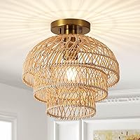 12'' Rattan Ceiling Light Fixtures Boho Chandelier Rattan Semi Flush Mount Ceiling Light with Tiered Wicker Lampshade,Farmhouse Ceiling Light Fixtures for Bedroom Entryway Living Room Nursery