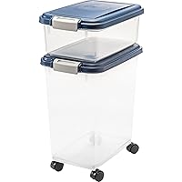 IRIS USA 2-Piece 41 Lbs / 45 Qt WeatherPro Airtight Pet Food Storage Container Combo and Treat Box for Dog Cat and Bird Food, Stackable, Keep Fresh, Translucent Body, Easy Mobility, Navy