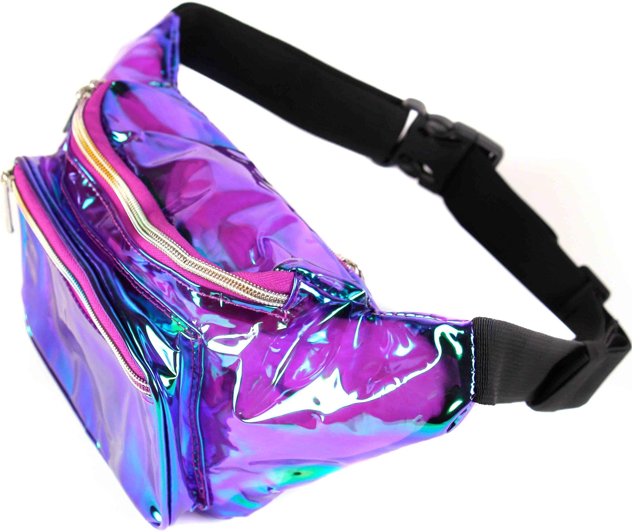 Holographic Rave Fanny Pack (Transparent Purple) festival women, men | Cute Fashion Waist Bag Belt Bags + Galaxy Seamless Bandanas (9 Pk) Multifunctional for Music Festivals, Raves, Riding, Outdoor