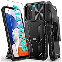 FNTCASE Case for Samsung Galaxy A14-5G: Military Grade Drop Proof Protection Rugged Protective A14 Cell Phone Cover with Belt Clip Holster Kickstand & Slide |Shockproof TPU Matte Textured Tough -Black