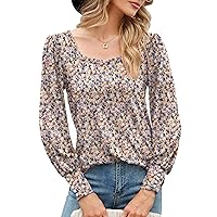 Micoson Womens Square Neck Puff Long Sleeve Tops Button Cuffs Loose Pullover Blouse Casual Tunic Basic T Shirts