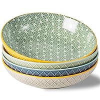 Pasta Bowls : 34 oz Salad Bowl Set of 4-8.5 in Wide & Shallow Serving Bowls for Entrees, Soup, Oatmeal - Microwave Safe Ceramic Bowls for Kitchen- Unique Embossed & Pattern