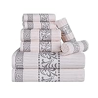 8-Piece Cotton Towel Set, Decorative Greek Pattern, Home Essentials, Absorbent Towels, Decor for Bathroom, Spa, Includes 2 Hand, 2 Face, and 4 Bath Towels, Athens Collection, Ivory-Chrome