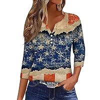 4th of July Outfits for Women Going Out Casual 3/4 Sleeve Tops Soft American Flag V Neck Tee Shirts