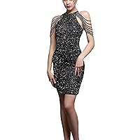 Azuki Women's Elegant Cocktail Dress - Glitter Sequin Mini Dress with Beaded Tassels Sleeve