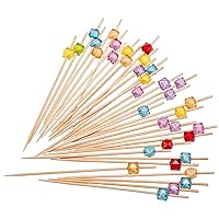 PuTwo Picks Handmade Natural Bamboo Sticks with Cube Beads Cocktail toothpicks, 300 counts, Multicolor