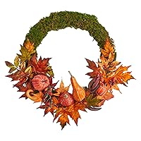 Nearly Natural 20in. Autumn Pumpkin, Gourd and Fall Maple Leaf Artificial Wreath