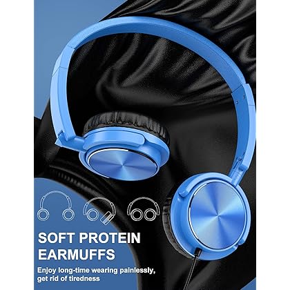 【Upgraded】 Headphones with Microphone, Foldable Wired Headphones with Deep bass, Adjustable Headband and Noise Isolation for Smartphone Computer Laptop Chromebook MP3/4(Blue)