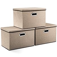 PRANDOM Large Collapsible Storage Bins with Lids [3-Pack] Jute Fabric Foldable Storage Boxes Organizer Containers Baskets Cube with Cover for Home Bedroom Closet Office Nursery (17.7x11.8x11.8)