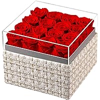 Forever Flowers Preserved Flowers for Delivery Prime Real Roses That Last Over a Year Gifts for Her Mothers Day Valentines Day (Square Gold White Plaid Box, 16 Red Roses)