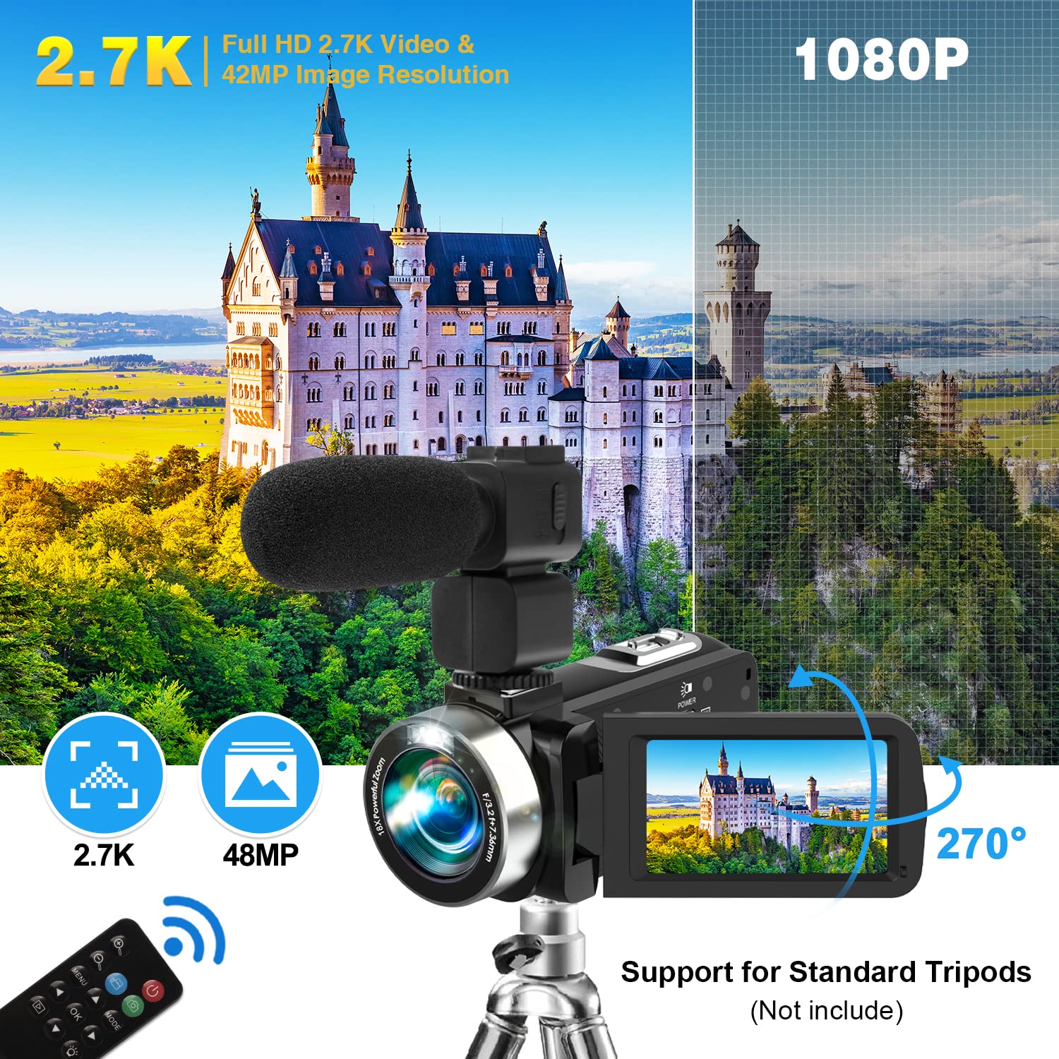 Heegomn Video Camera Camcorder with Microphone HD 2.7K Video Recorder Camera Vlogging Camera for YouTube Kids Camcorder with 3.0