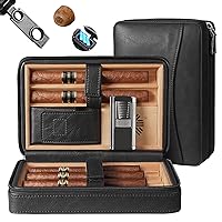 Cigar Humidor, Cigar Case Including Cigar Accessories with Cigar Lighter Cigar Holder and Cigar Punch, Black Travel Humidor Cedar Wood Leather Cigar Box
