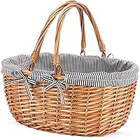 G GOOD GAIN Oval Picnic Basket with Folding Handles, Willow Hand Woven Shopping Basket, Bath Toy Kids Toy Storage Gift Packing Basket, Wicker Empty Easter Eggs and Candy Small Gift Basket. Grey