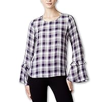Womens Plaid Bell Sleeves Blouse (XX-Small, Purple Dynasty)