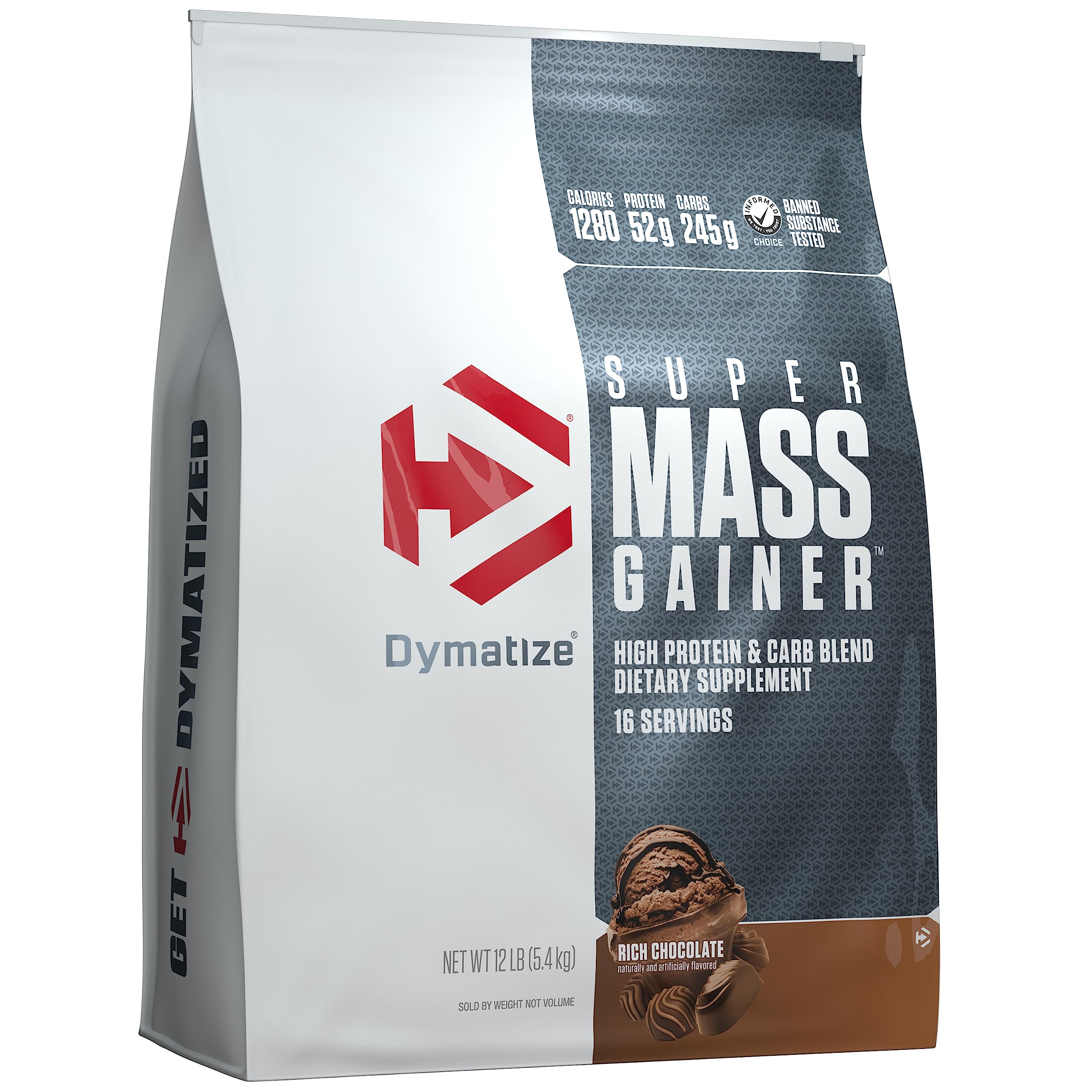 Dymatize Super Mass Gainer Protein Powder, 1280 Calories & 52g Protein, 10.7g BCAAs, Mixes Easily, Tastes Delicious, Rich Chocolate, 12 lbs