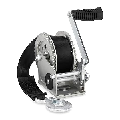 Camco 50000, Trailer Boat Winch | Features a 2-Way Ratchet & 20-Foot Strap with a 2,000lb Weight Capacity