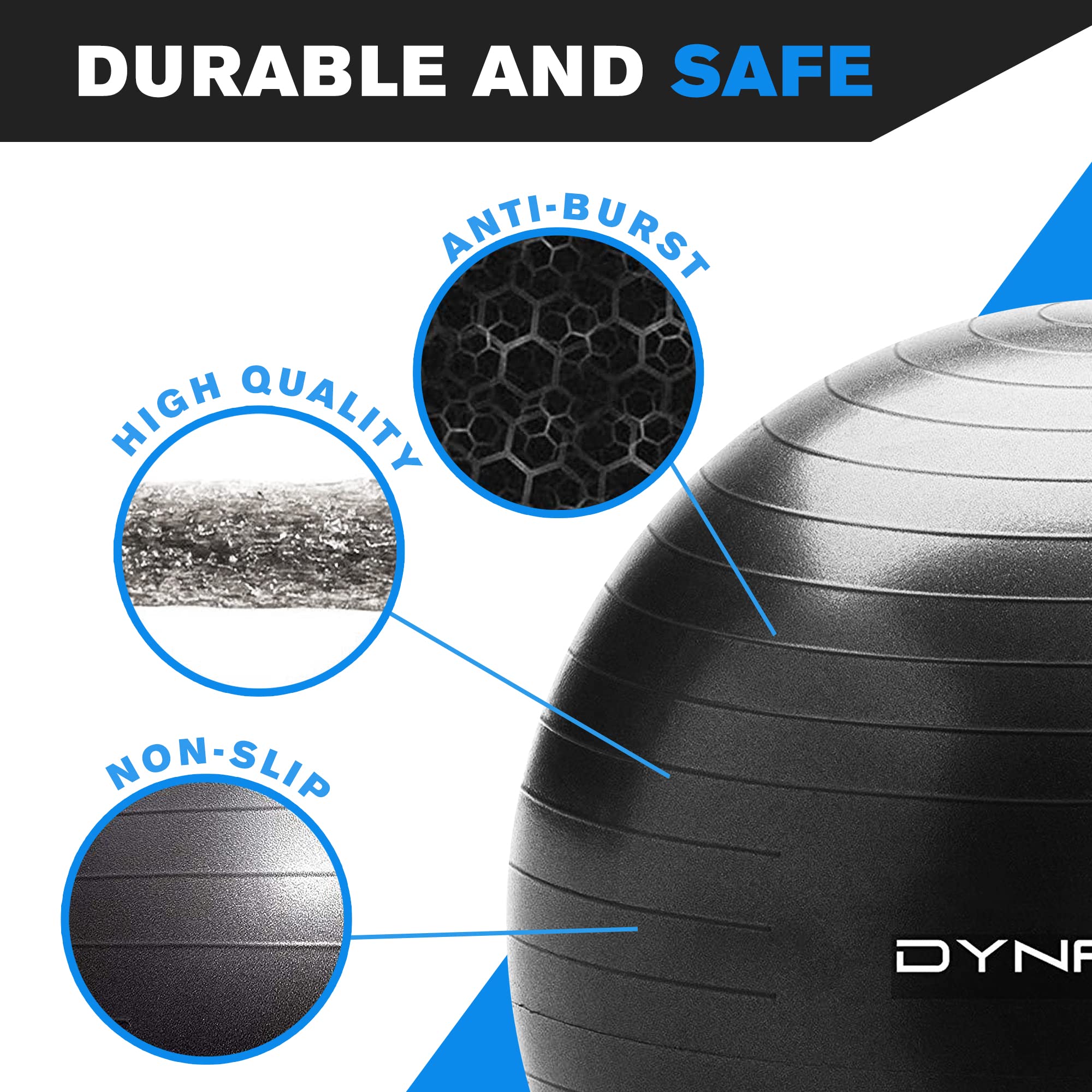 DYNAPRO Exercise Ball – Extra Thick Eco-Friendly & Anti-Burst Material Supports over 2200lbs, Stability Ball for Home, Yoga, Gym Ball, Birthing Ball, Physio Ball, Swiss Ball, Physical Therapy or Pregnancy