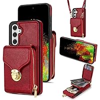 XYX Wallet Case for Samsung S23 FE, PU Leather Zipper Handbag Purse Flip Case with Card Slots Holder Crossbody Adjustable Lanyard for Galaxy S23 FE 5G, Red