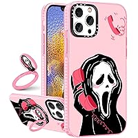 Toycamp for iPhone 12 Pro Max Case with Ring Kickstand, Cute Horror Ghost Face Scream Design for Women Girls Boys Skeleton Skull Scary Cartoon Print Case Cover for iPhone 12 Pro Max (6.7 Inch), Pink