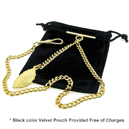 Albert Chain Gold Color Pocket Watch Chains Vest Chain for Men with T Bar Swivel Clasp and Gold Leave Fob AC62