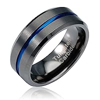 100S JEWELRY Gunmetal Gray Tungsten Ring for Men Blue Groove Line Wedding Band Promise Engagement Size 6-16