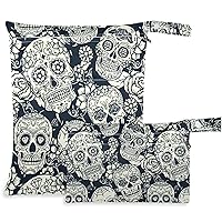 visesunny Black White Sugar Skull Flower 2Pcs Wet Bag with Zippered Pockets Washable Reusable Roomy Diaper Bag for Travel,Beach,Daycare,Stroller,Diapers,Dirty Gym Clothes,Wet Swimsuits,Toiletries
