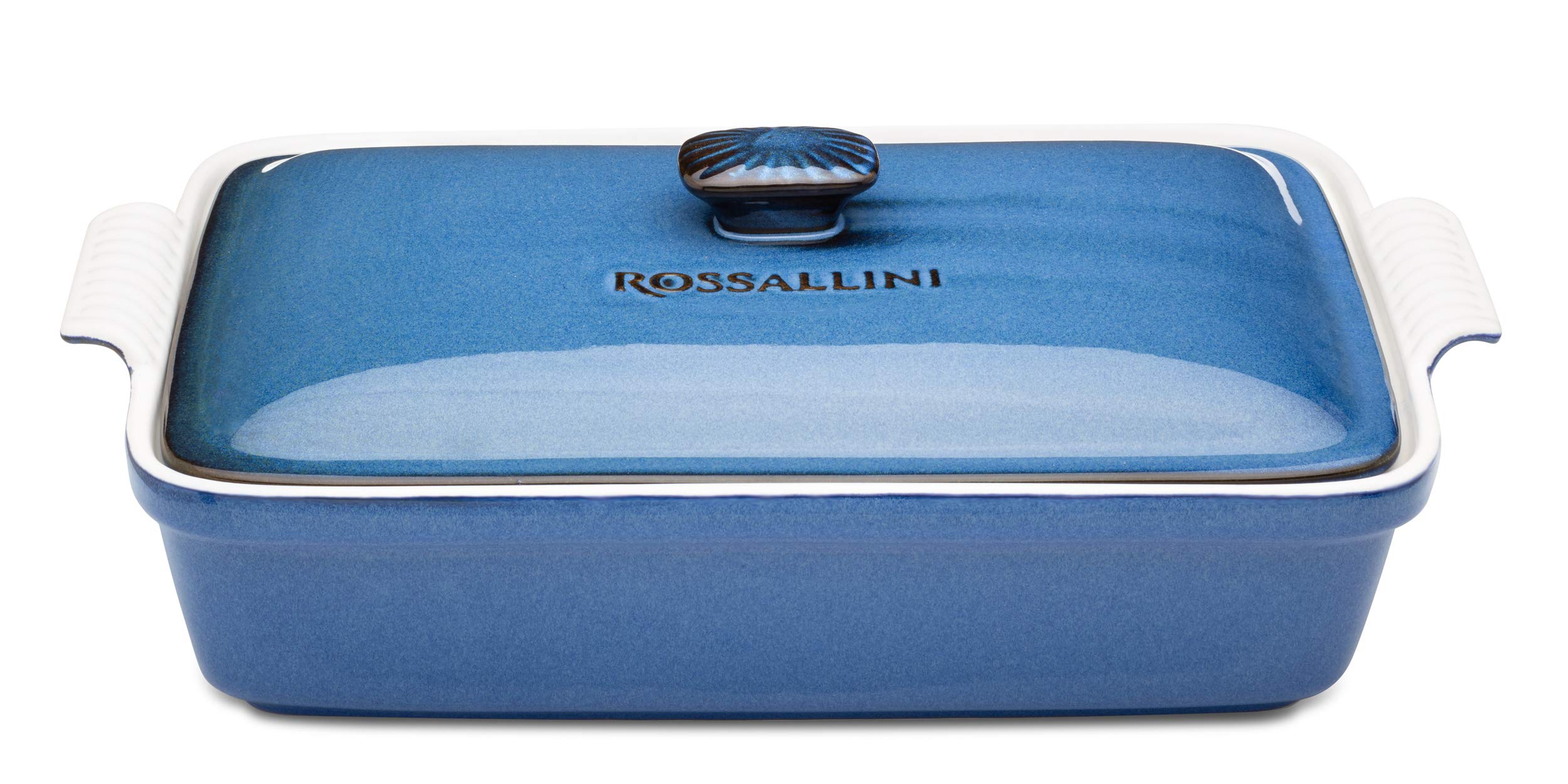 ROSSALLINI Stoneware Casserole Dish Bakeware Set with Lid, Covered Rectangular Dinnerware, Extra Large 4.23 Quart, 13 by 9 Inch, Blu Indaco [Reactive Blue]