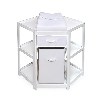 Badger Basket Corner Diaper Changing Table with Laundry Hamper, Storage Bin, and Contoured Pad for Baby - White