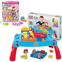 Mega BLOKS First Builders Big Building Bag Pink + Build ‘n Learn Table, Building Set Bundle, 110 Pieces, Building Toys for Toddlers