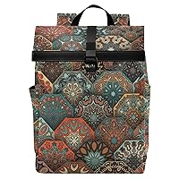 ALAZA Colorful Vintage Floral And Mandala Elements Backpack Roll-Top Daypack Laptop Work Travel College Bag for Men Women Fits 15.6 Inch Laptop
