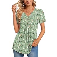 CATHY Womens Short Sleeve Tunic Tops Henley Shirt V-neck Button Up Blouse Casual Pleated Basic Pullover