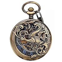 Mens Mechanical Pocket Watch with Chain Lucky Dragon Steampunk Skeleton Hunter Double Open in Box CHPW10A