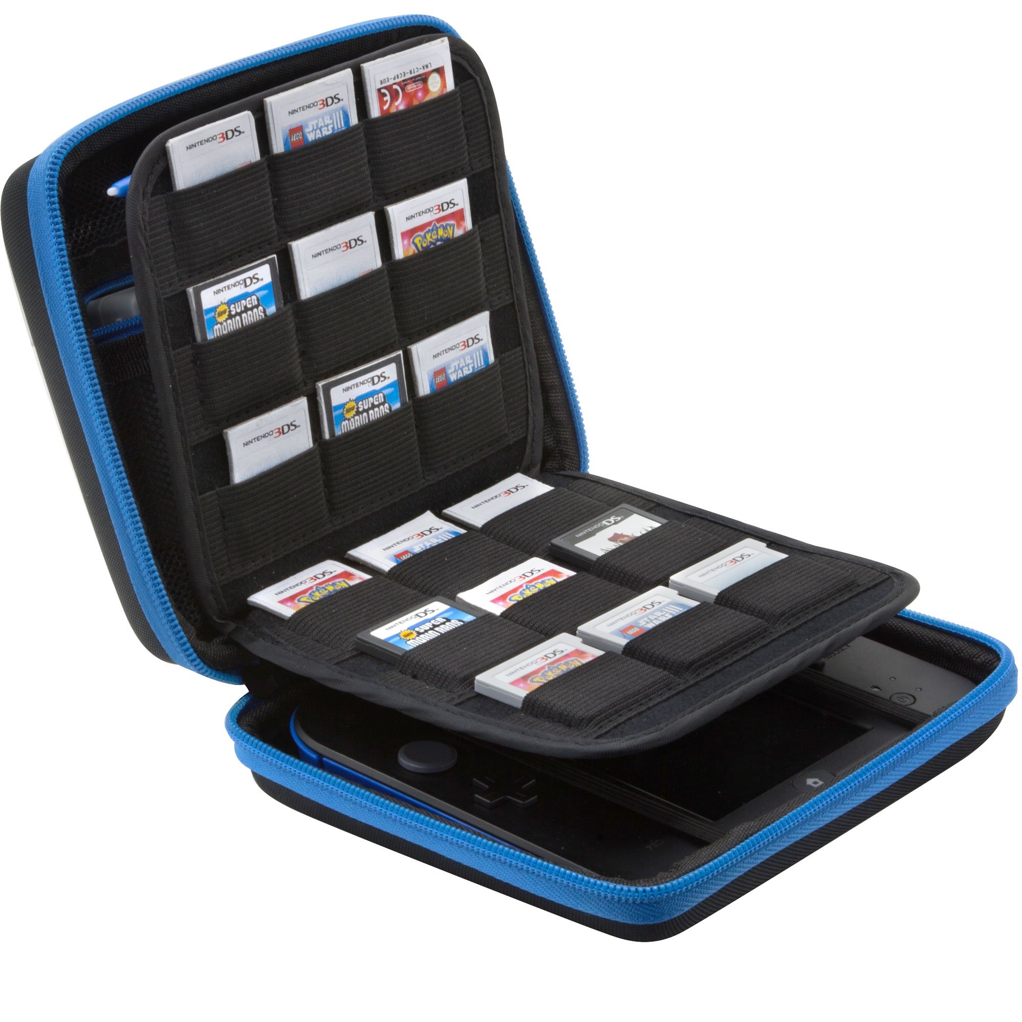 BRENDO Carrying Case for Nintendo 2DS with 24 Game Storage Holders, Fits Charger - Black/Blue